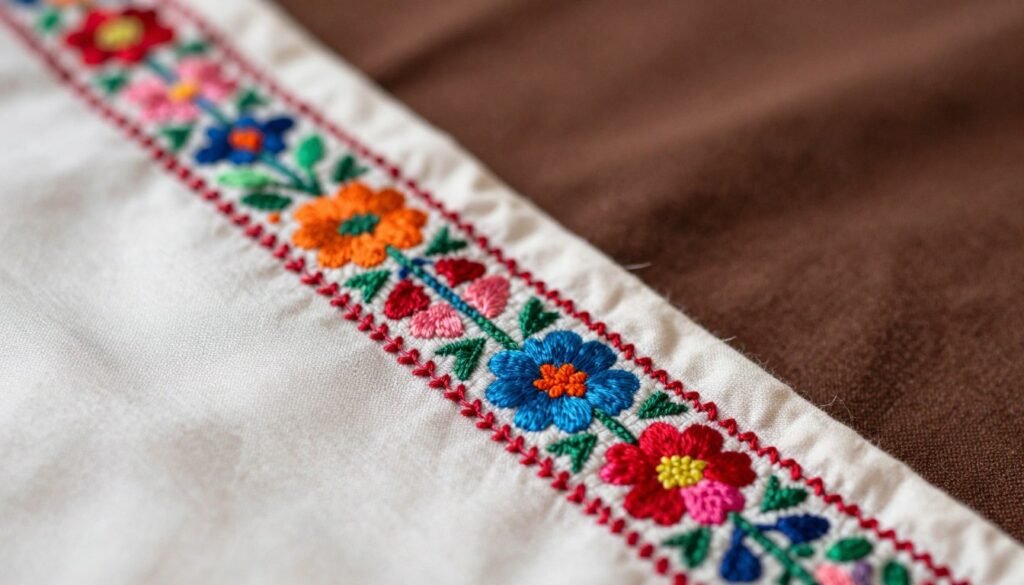 Close-up showing embroidery craftsmanship along a garment edge Close-up showing embroidery craftsmanship along a garment edge