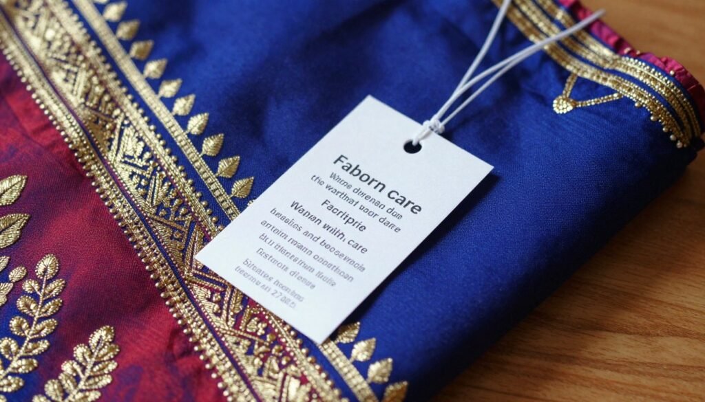 Fabric care label beside a zari embroidered silk garment Fabric care label beside a zari embroidered silk garment