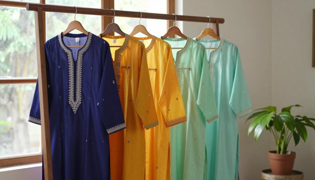 Kurta set colors tested beside a window in natural light Kurta set colors tested beside a window in natural light