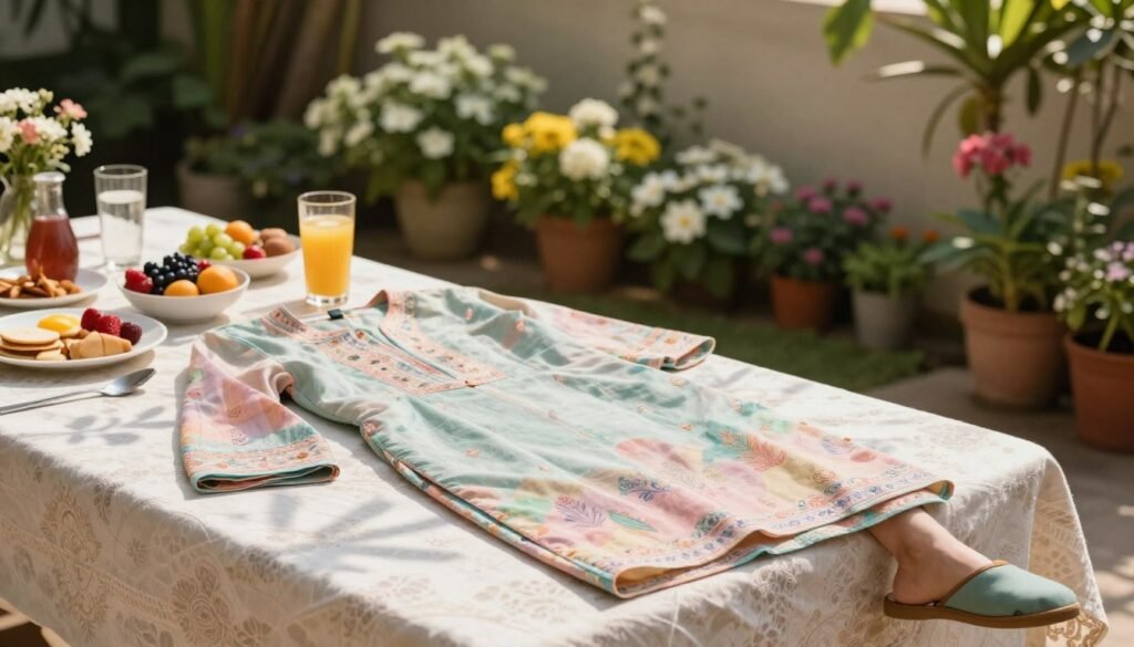 Printed cotton kurta set with flat juttis for brunch Printed cotton kurta set with flat juttis for brunch