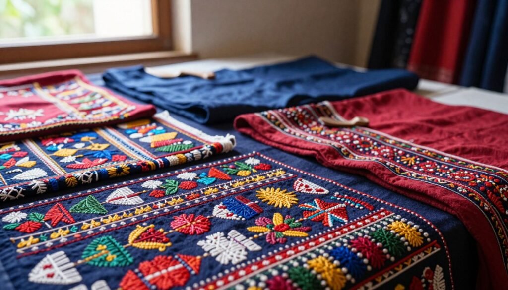 Regional embroidery examples with ari and kantha stitch details Regional embroidery examples with ari and kantha stitch details